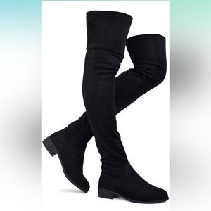 Comfy Vegan Suede Block Heel Thigh High Over the Knee Boots in Black